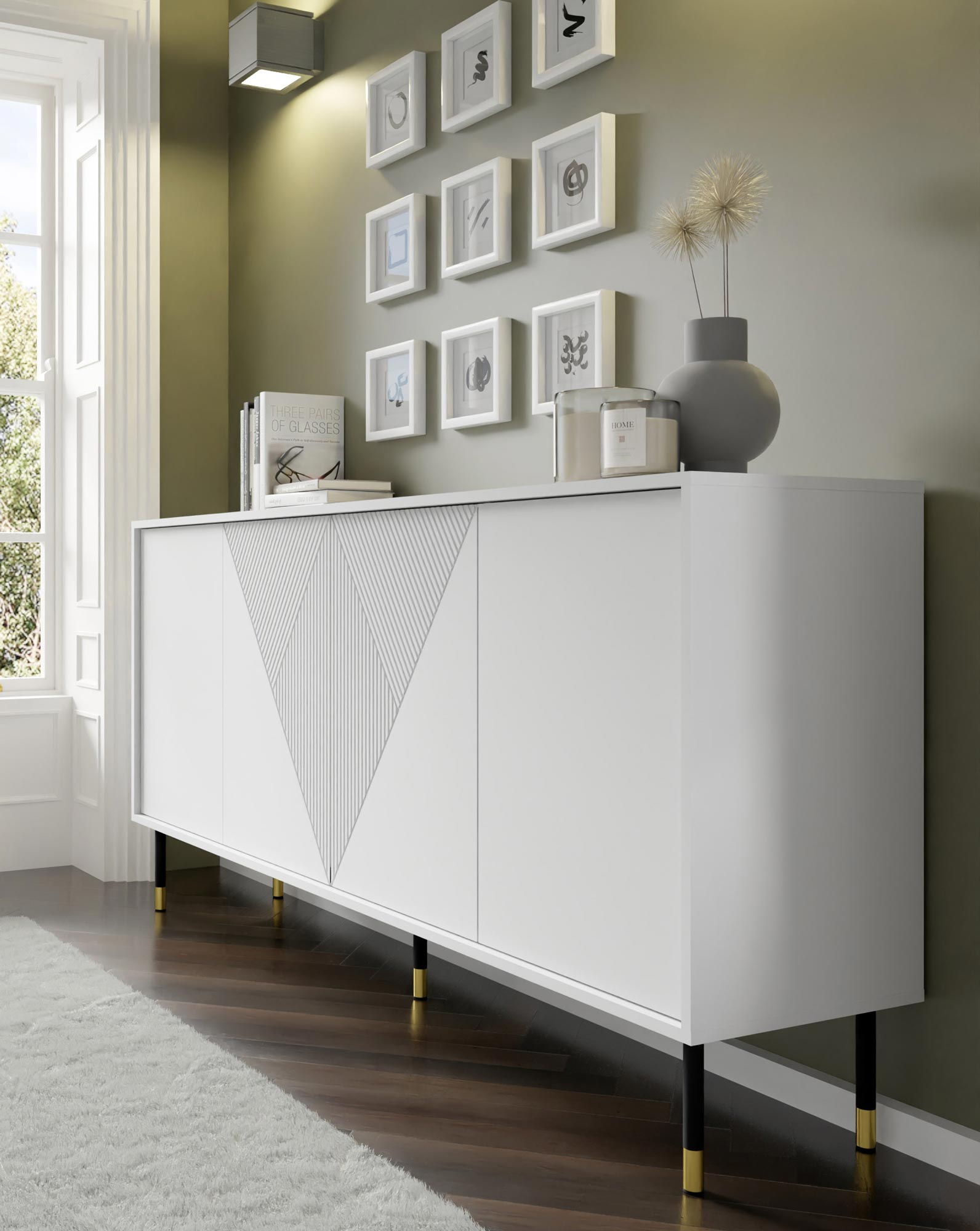 Nowoczesna biała komoda z geometrycznymi frontami i smukłymi metalowymi nogami w stylu art deco do stylowego wnętrza Nowoczesna biała komoda z geometrycznymi frontami i smukłymi metalowymi nogami w stylu art deco do stylowego wnętrza