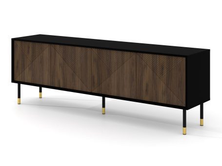 Komoda z drewnianymi frontami, smukłymi metalowymi nogami i geometrycznym wzorem w stylu mid-century modern