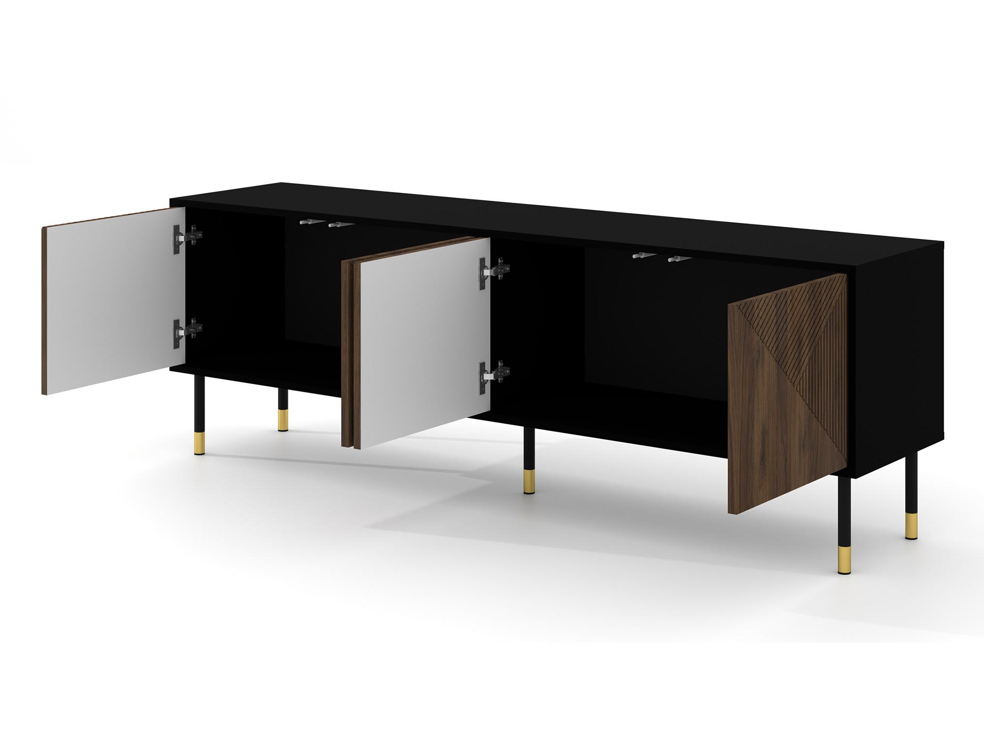 Komoda z ciemnymi drewnianymi frontami, smukłymi metalowymi nogami i geometrycznym wzorem w stylu retro do eleganckiego wnętrza