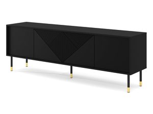 Miniaturka 7 - Czarna szafka RTV z geometrycznymi frontami, złotymi nogami i smukłym metalowym korpusem w minimalistycznym stylu do salonu