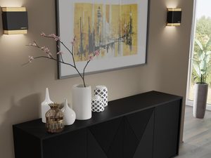 Miniaturka 10 - Komoda z ciemnymi drewnianymi frontami, smukłymi metalowymi nogami i geometrycznym wzorem w stylu loftowym do salonu