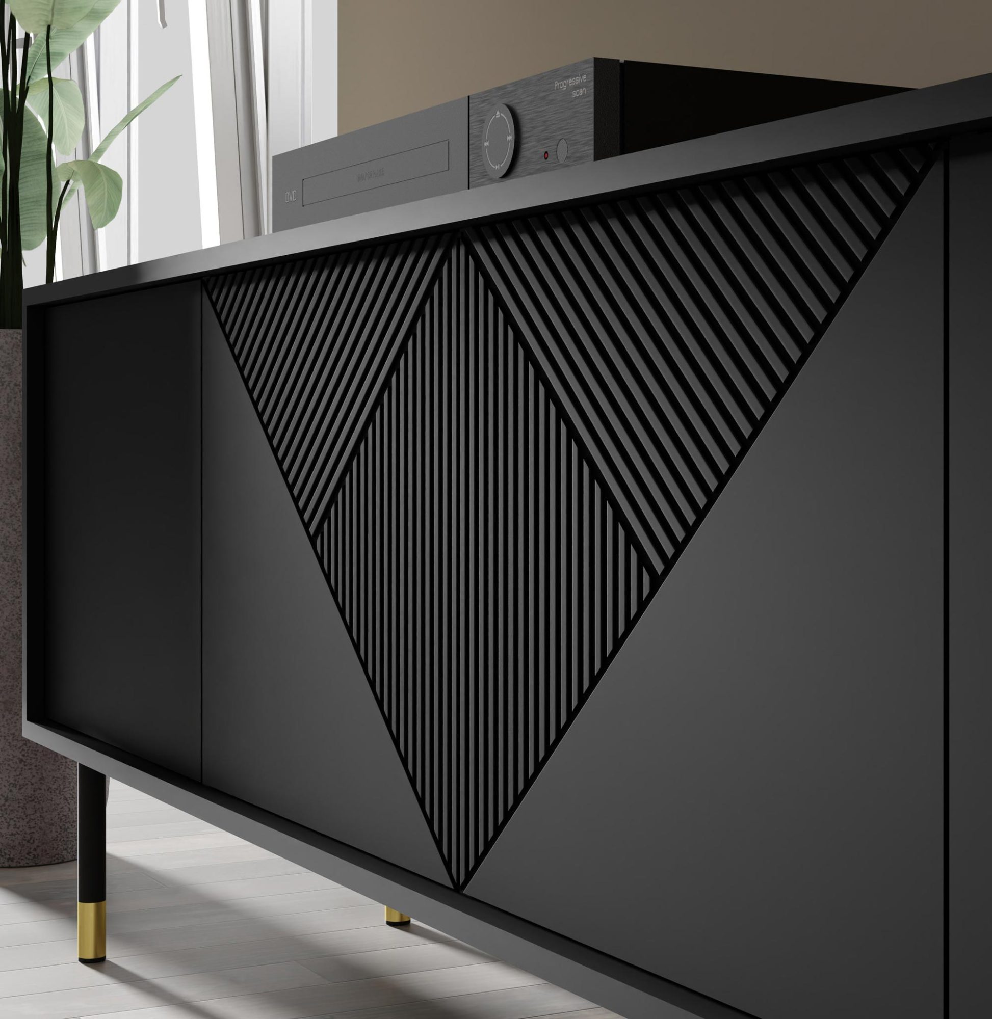 Komoda z czarnymi frontami, złotymi nogami i geometrycznym wzorem w stylu art deco do luksusowego wnętrza Komoda z czarnymi frontami, złotymi nogami i geometrycznym wzorem w stylu art deco do luksusowego wnętrza