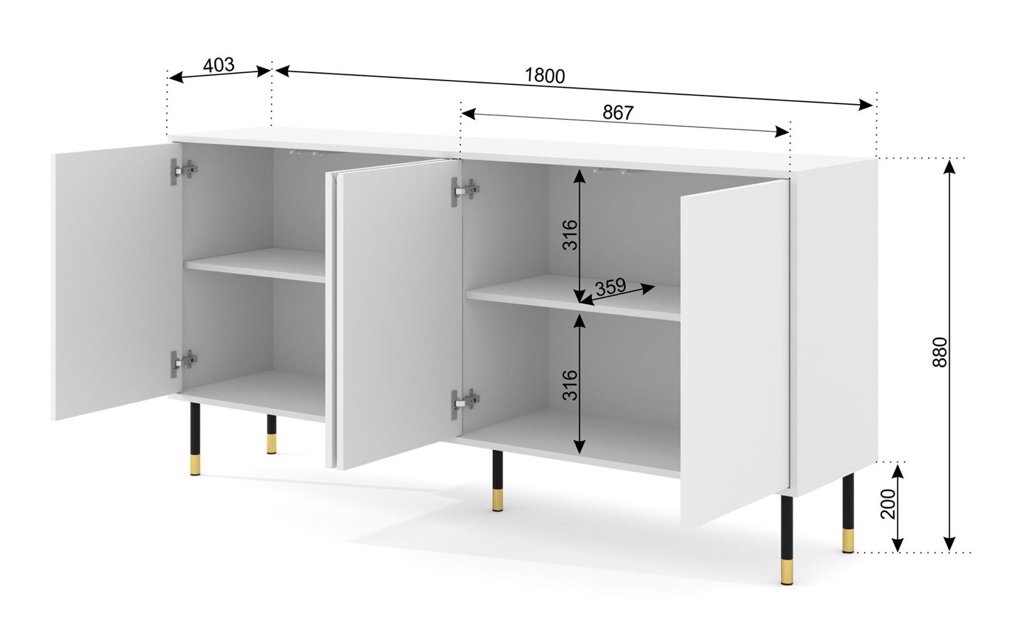 Wymiary Biała komoda z geometrycznymi frontami Wymiary Biała komoda z geometrycznymi frontami