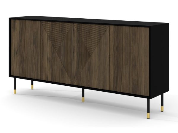 Komoda z ciemnymi dřevěnými čely, černými kovovými nohami a geometrycznym wzorem ve stylu retro do stylowego interiéru