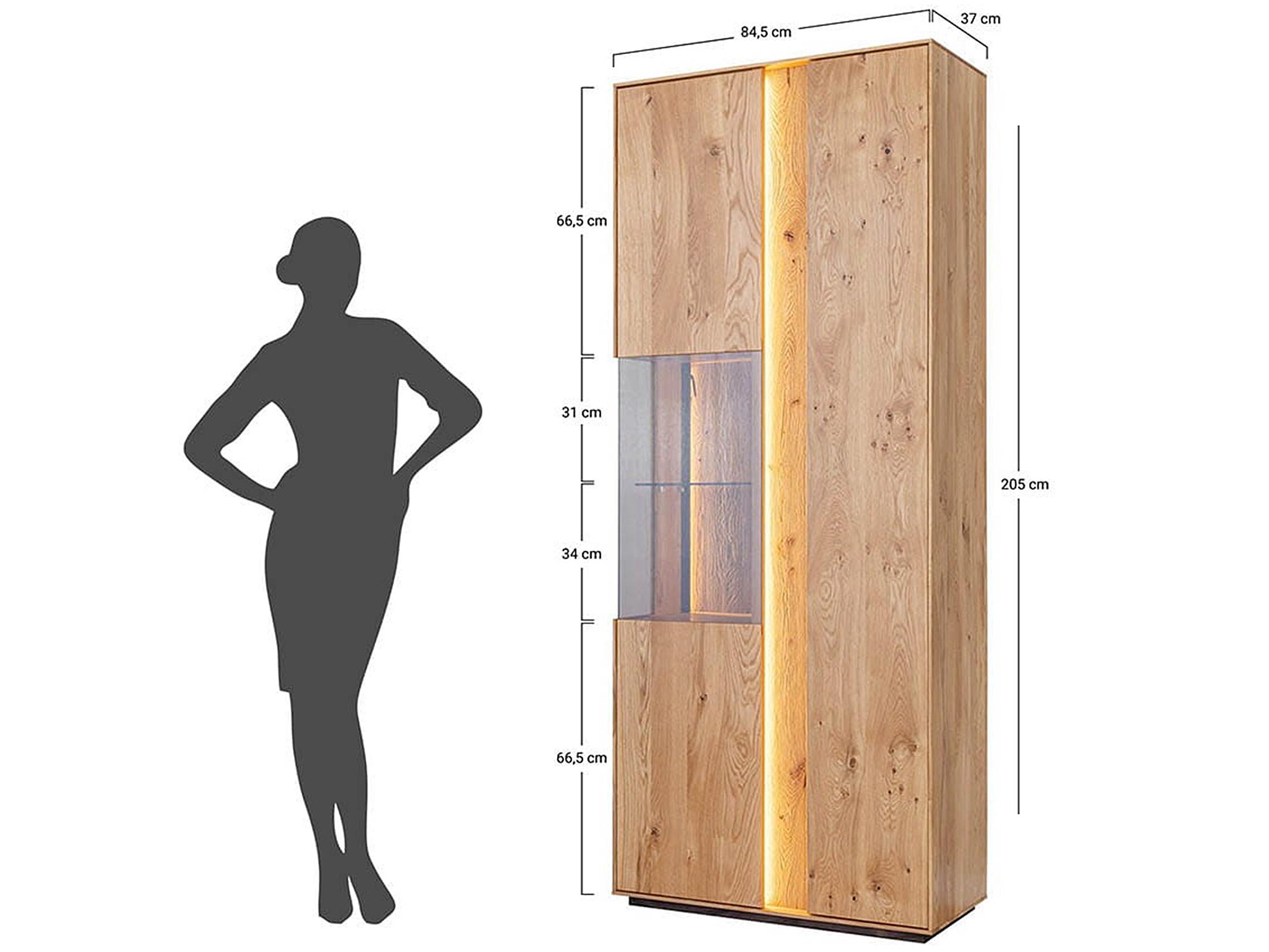 Nowoczesna witryna z drewna dębowego i oświetleniem