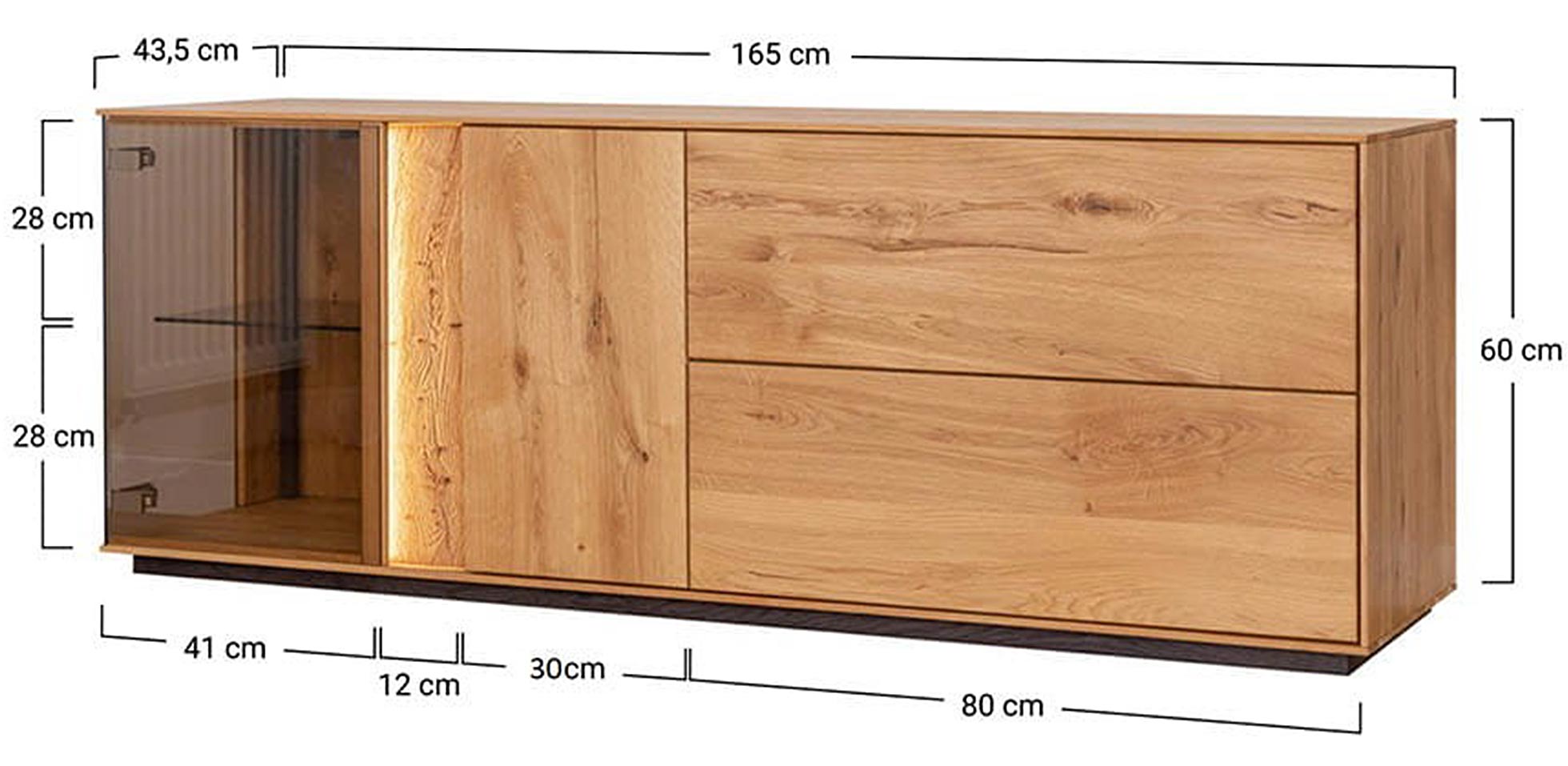 Komoda RTV z przeszkleniem i wymiarami technicznymi