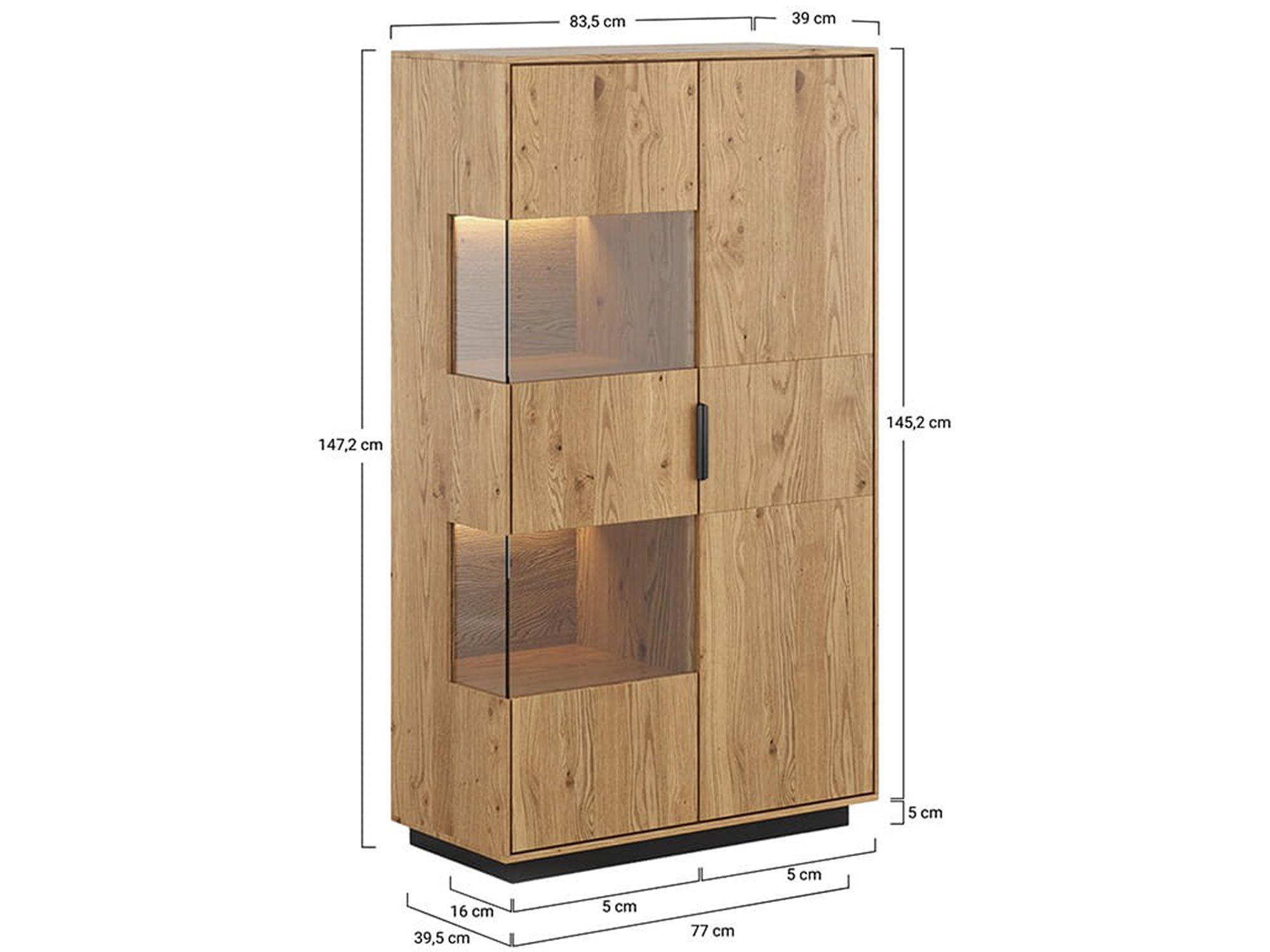 Detal wykończenia witryny z litego drewna dębowego z wymiarami technicznymi