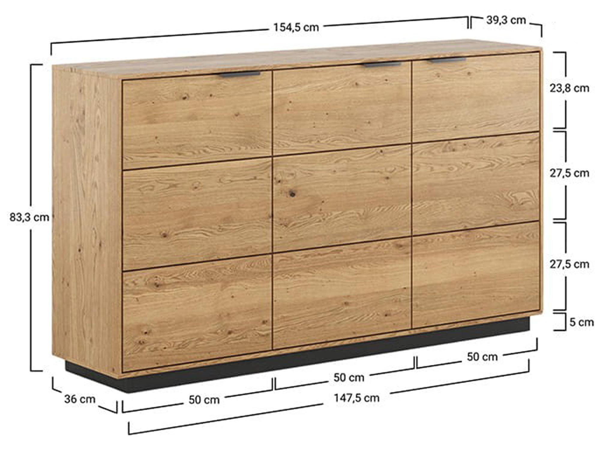 Wymiary techniczne komody dębowej
