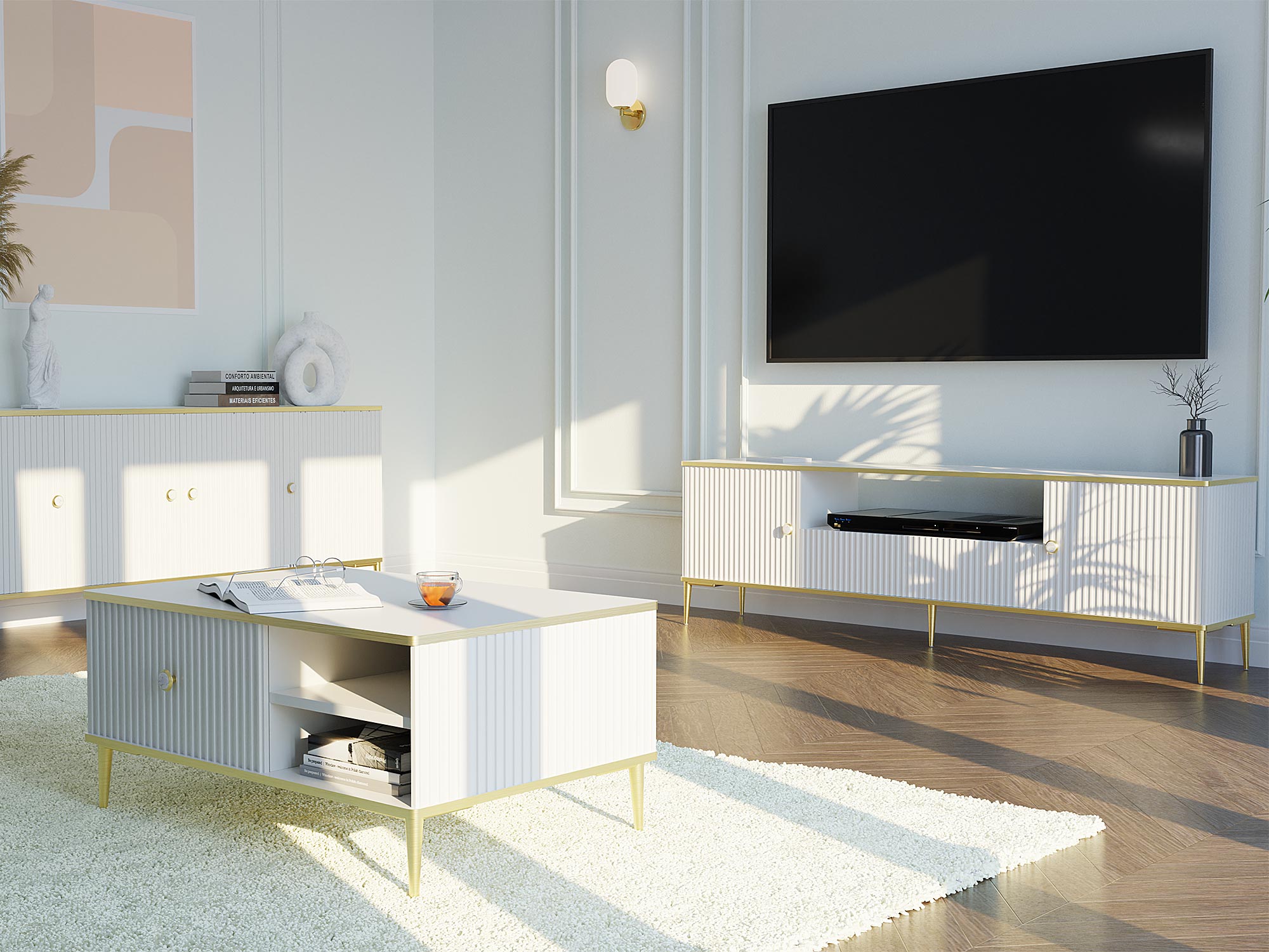 Nowoczesna szafka RTV z pionowymi frontami, złotymi nogami i marmurowymi uchwytami do stylowego wnętrza Nowoczesna szafka RTV z pionowymi frontami, złotymi nogami i marmurowymi uchwytami do stylowego wnętrza