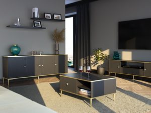 Miniaturka 12 - Szafka RTV z czarnymi frontami, pionowymi żłobieniami i złotymi marmurowymi uchwytami w stylu retro