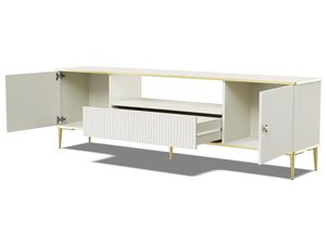 Miniatura 2 - Bílá komoda z svislými čely, štíhlými zlatými nohami a marmurowymi úchyty do eleganckiego obývacího pokoje