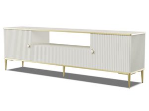Miniatura 1 - Bílá komoda se svislými drážkami, štíhlými zlatými nohami a marmurowymi úchyty v minimalistickém stylu do obývacího pokoje