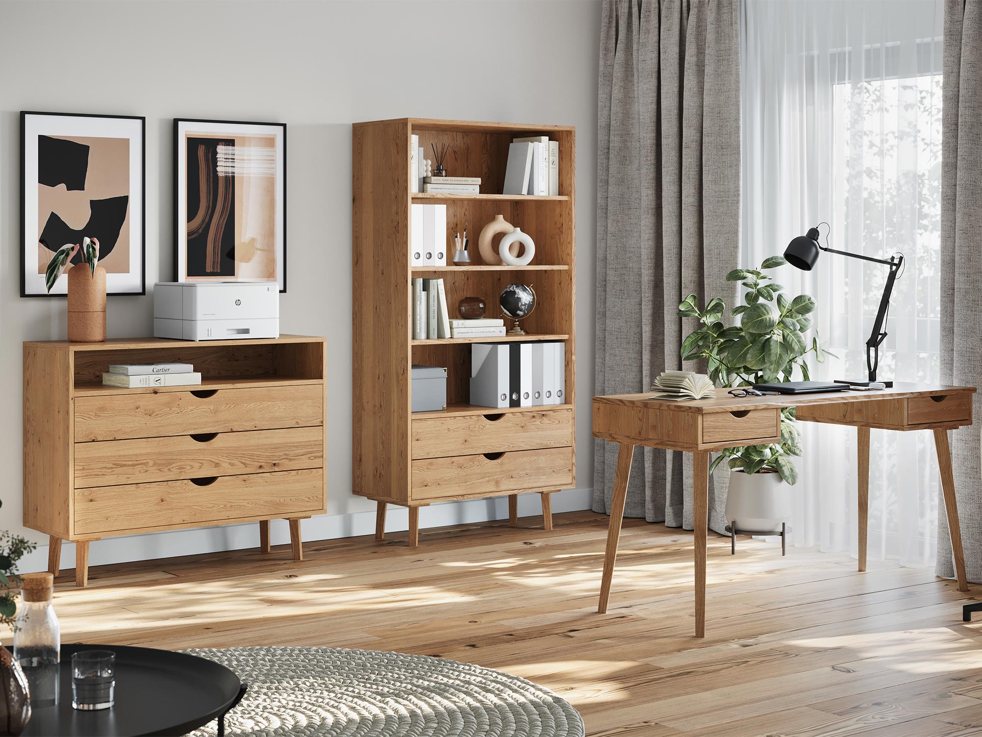 Zestaw mebli dębowych w nowoczesnym salonie