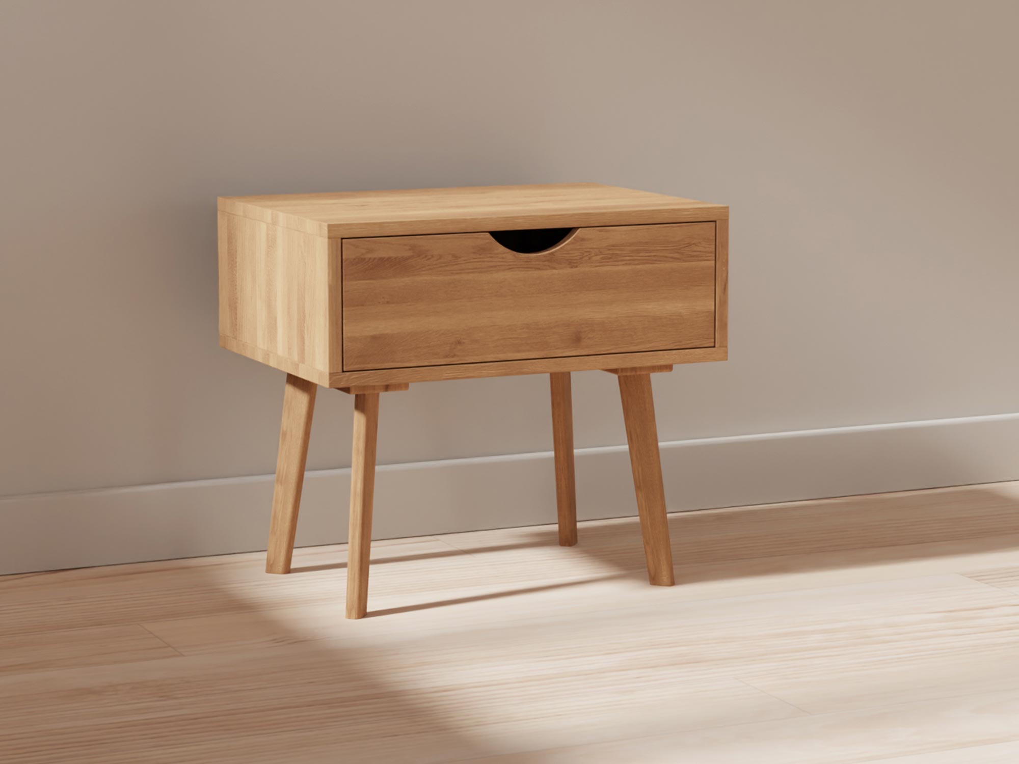 Niska szafka nocna dębowa, minimalistyczny design