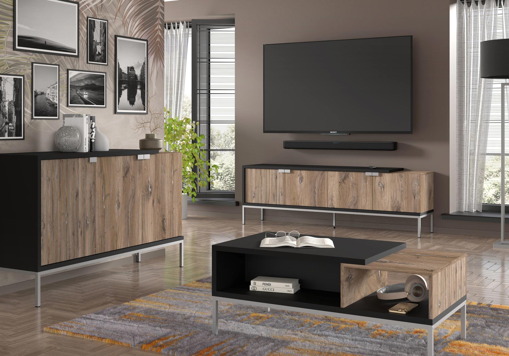 Drewniana komoda RTV z metalowymi nóżkami, styl industrialny