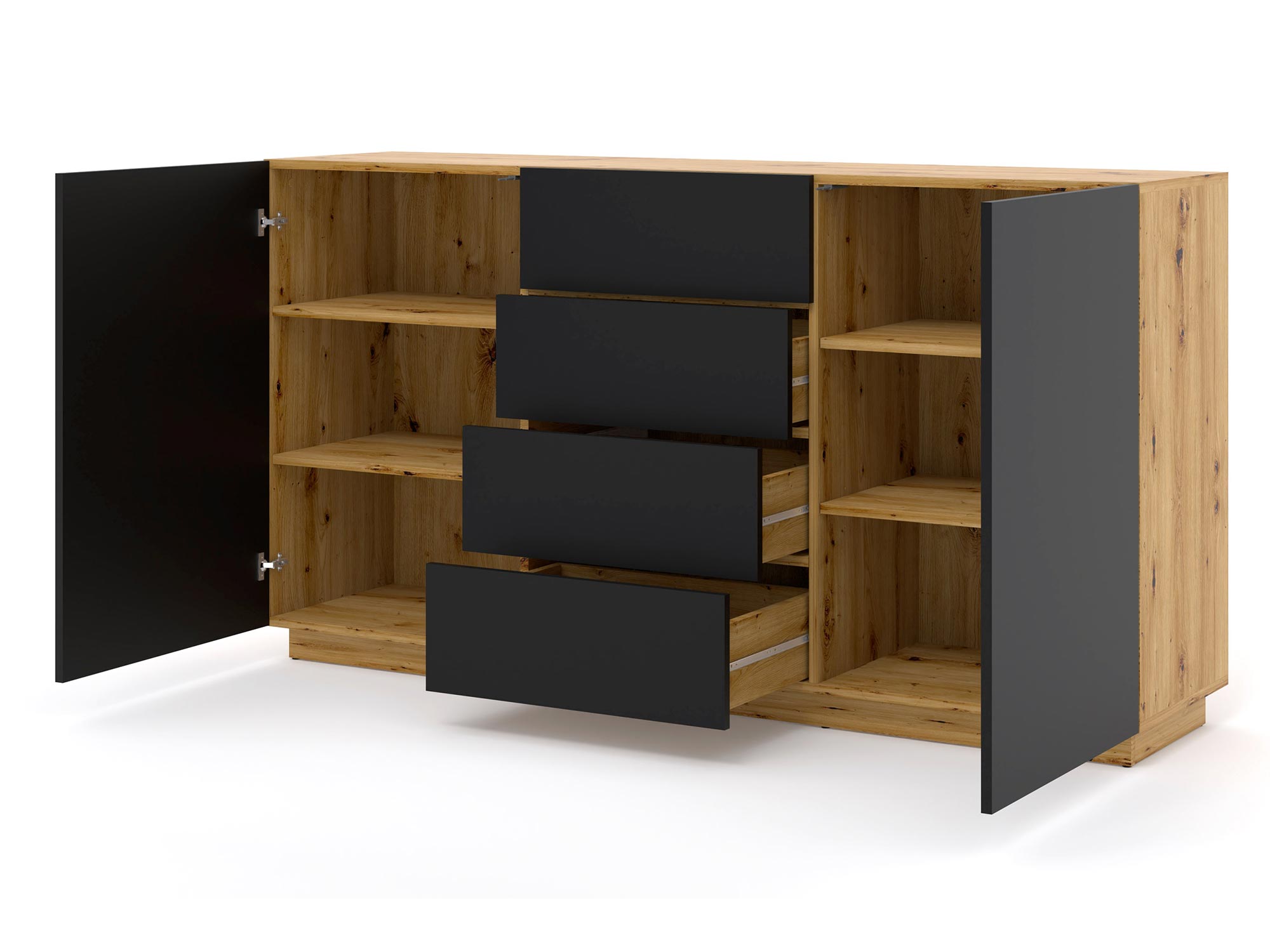 Nowoczesna czarna komoda z dębowym wnętrzem i otwartymi półkam