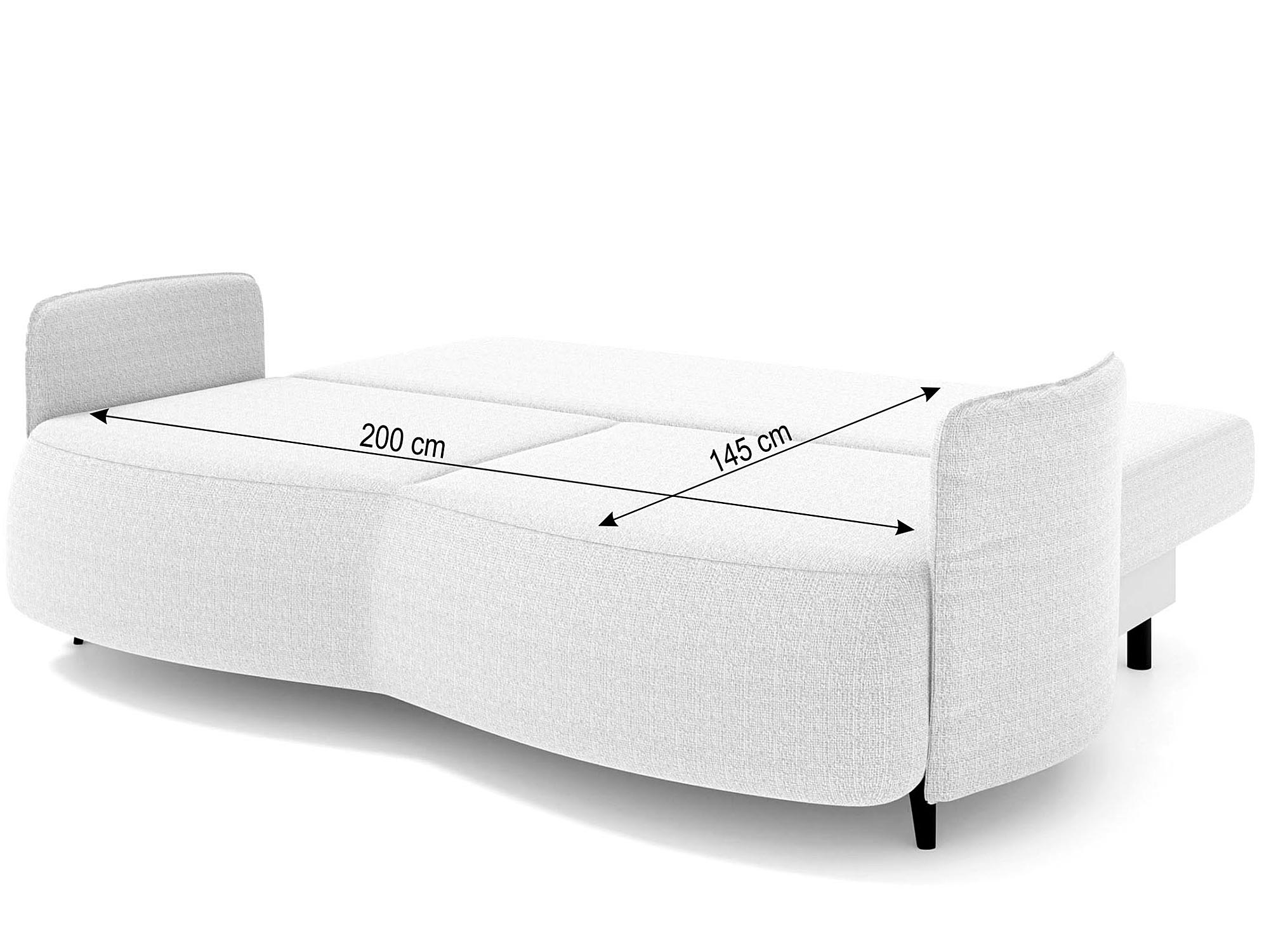Wymiary techniczne po rozłożeniu kanapy w kolorze białym Wymiary techniczne po rozłożeniu kanapy w kolorze białym