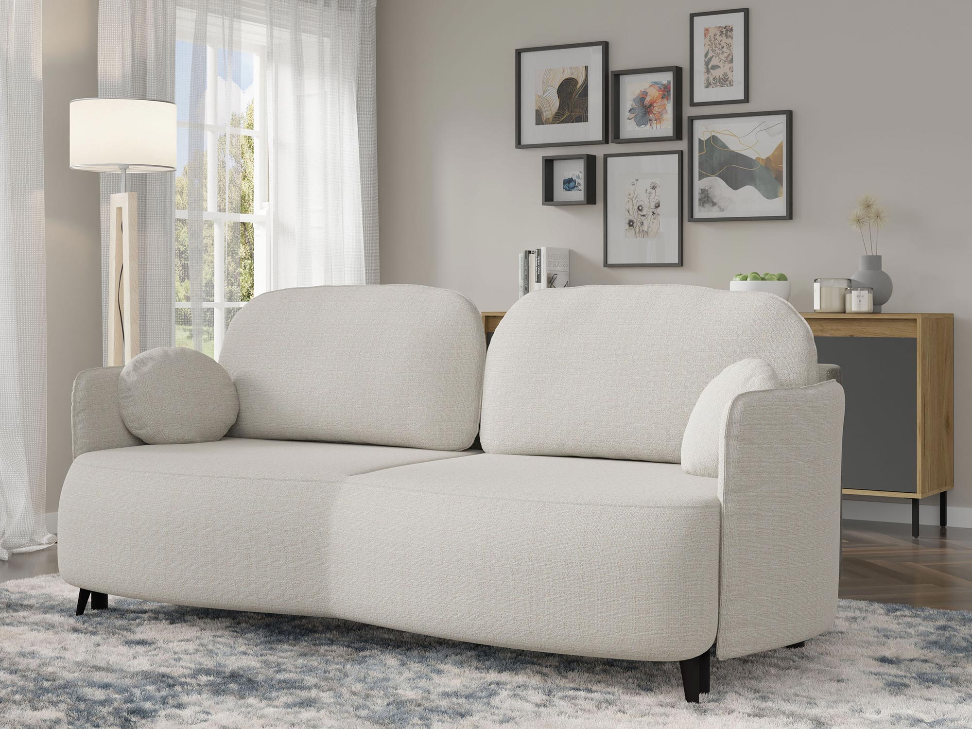 Komfortowa szara sofa z miękkimi poduszkami do eleganckiego salonu Komfortowa szara sofa z miękkimi poduszkami do eleganckiego salonu