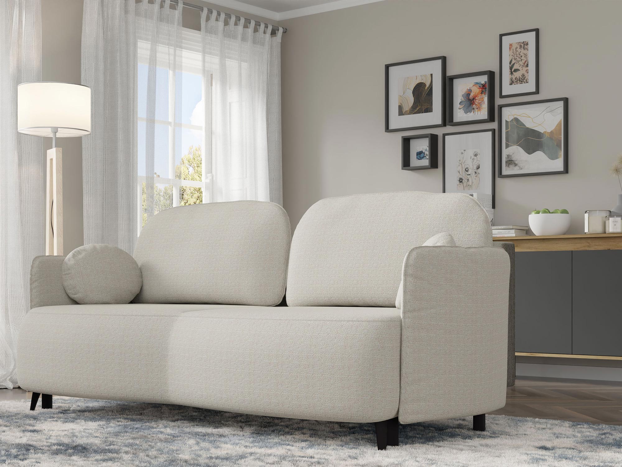 Nowoczesna sofa w jasnym odcieniu beżu do minimalistycznego wnętrza Nowoczesna sofa w jasnym odcieniu beżu do minimalistycznego wnętrza