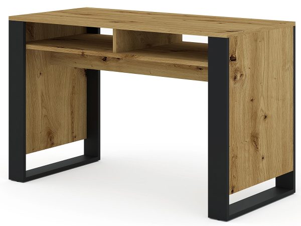 Moderní psací stůl z dubovým deskou a černými kovovými nohami