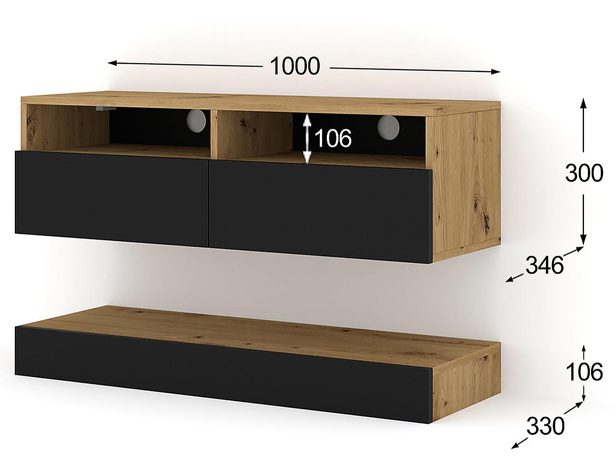 Zestaw szafek RTV do salonu, drewno dębowe i czarne akcenty z wymiarami technicznymi Zestaw szafek RTV do salonu, drewno dębowe i czarne akcenty z wymiarami technicznymi