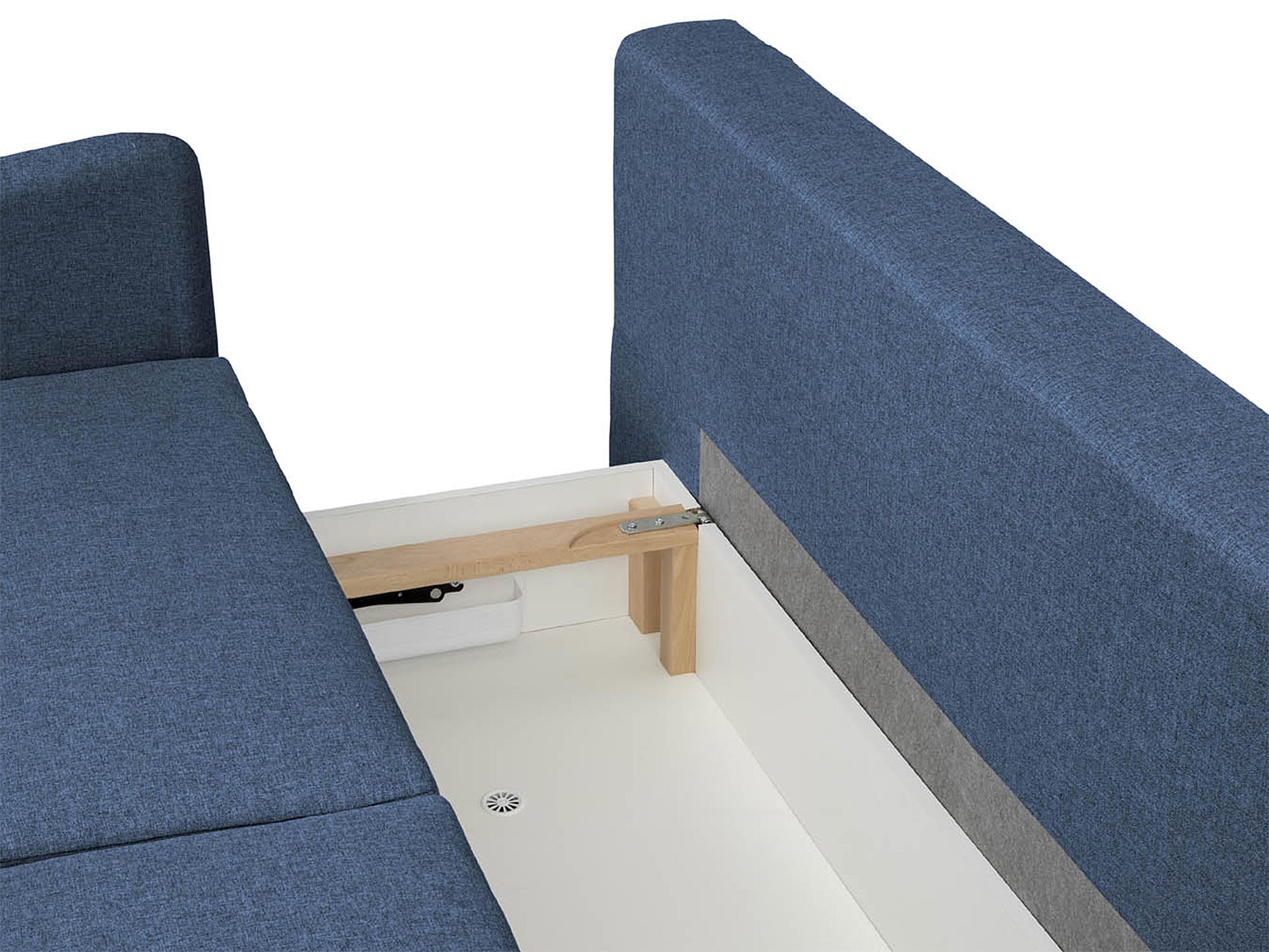 Detal tapicerki granatowej sofy z gładkim wykończeniem i mechanizmem pojemnika Detal tapicerki granatowej sofy z gładkim wykończeniem i mechanizmem pojemnika