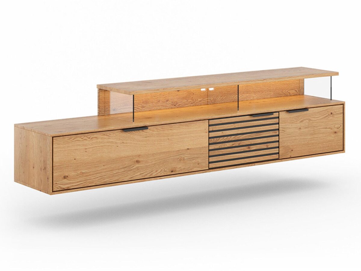 Závěsná dubová TV skříňka s lamelami 200 cm Loftwood