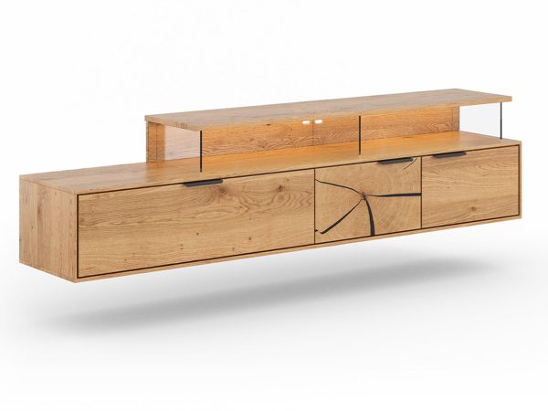 Dřevěná TV skříňka z moderním designem a černými akcenty