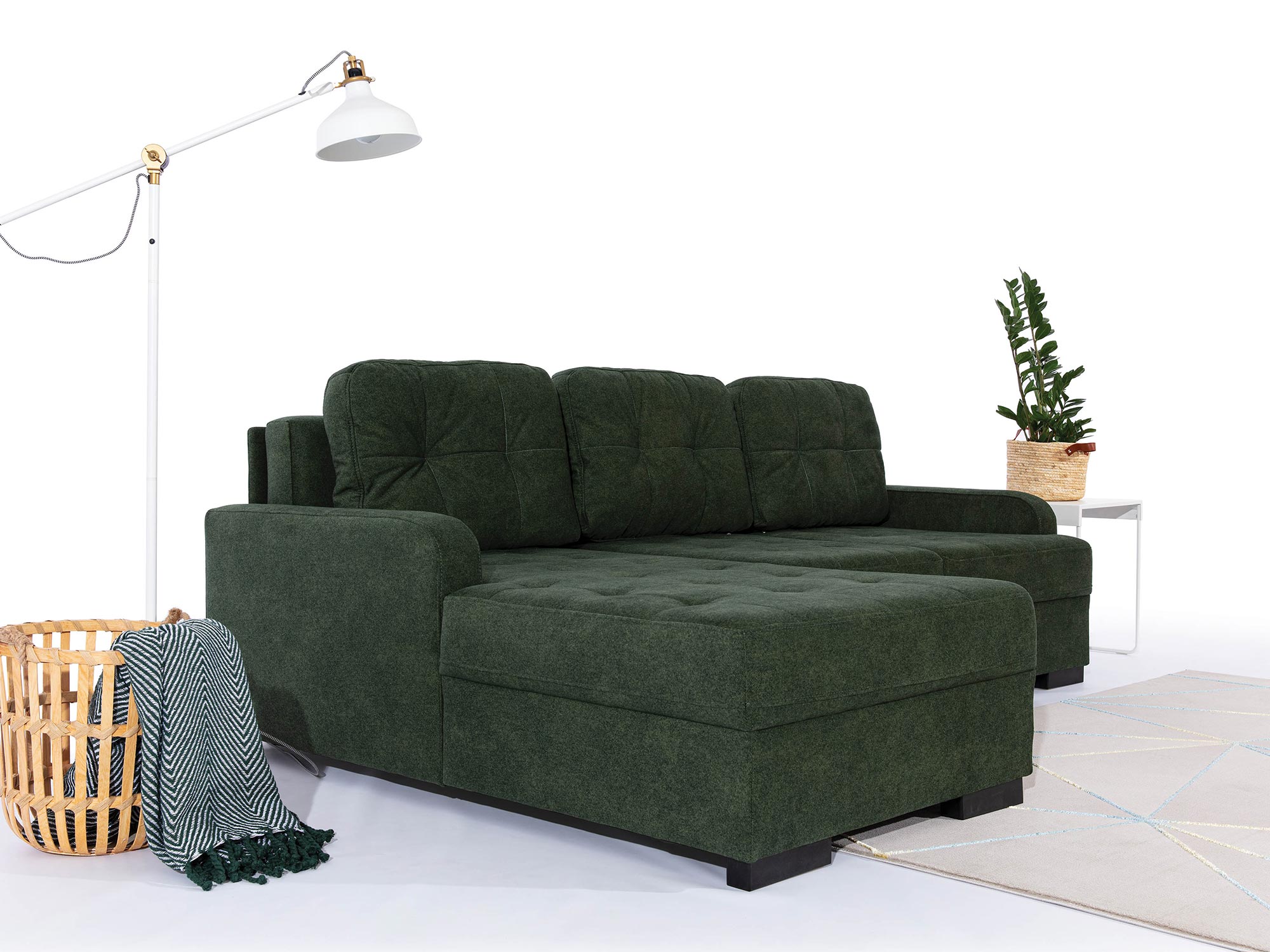 Zielony narożnik tapicerowany z funkcją spania i pojemnikiem na pościel Zielony narożnik tapicerowany z funkcją spania i pojemnikiem na pościel