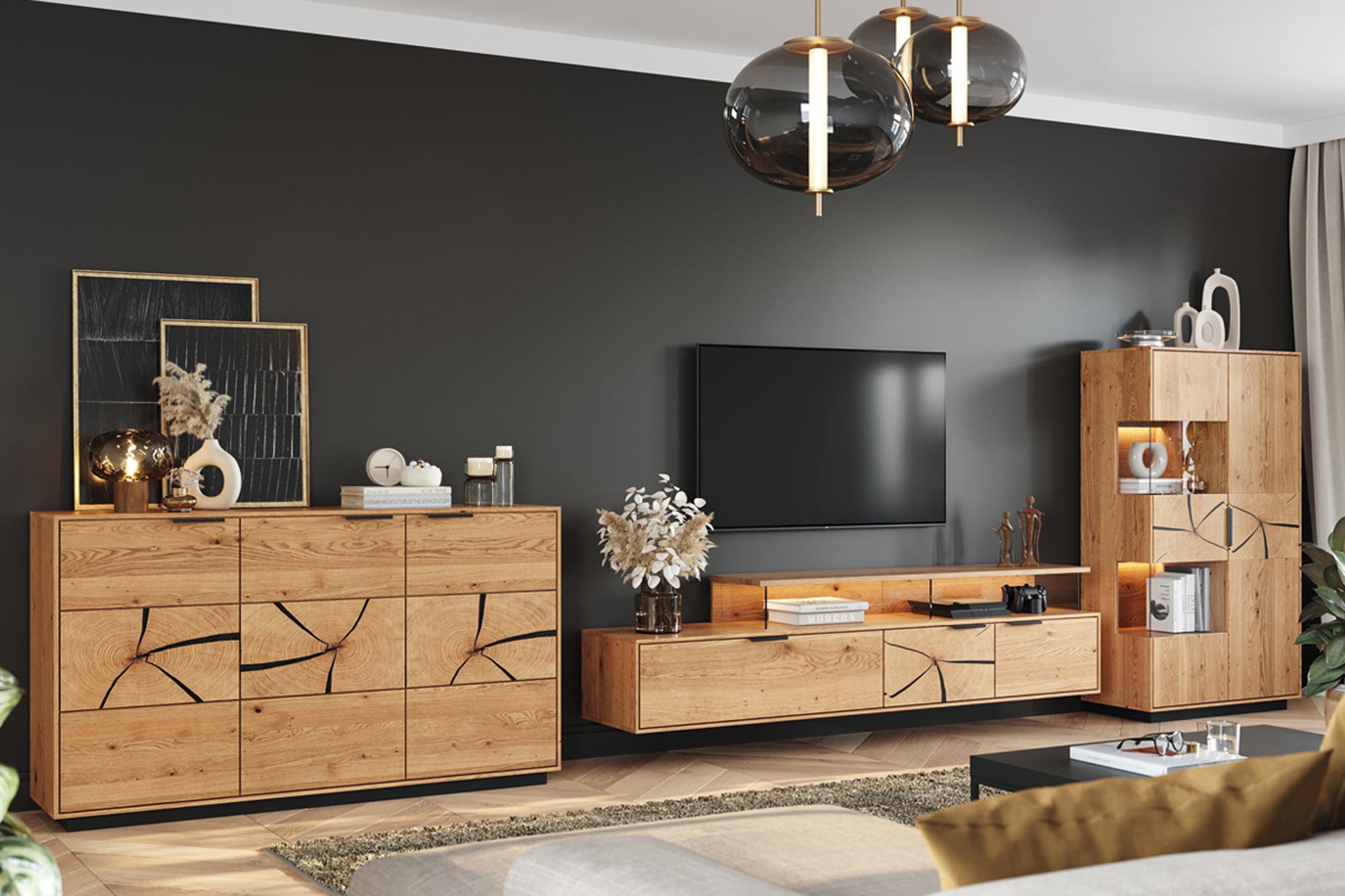 Nowoczesna witryna dębowa z podświetleniem LED i szkłem