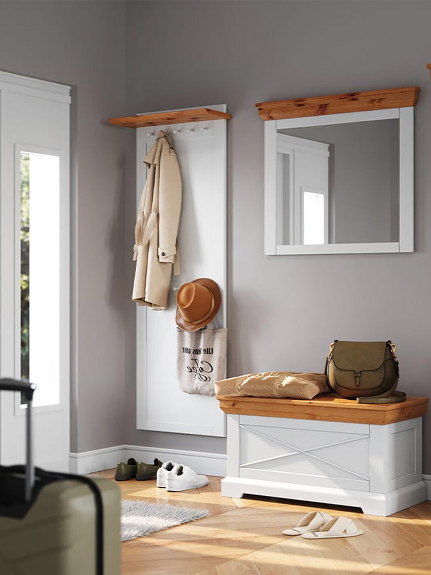 Zestaw mebli do przedpokoju w kolorze białym z elementami drewnianymi