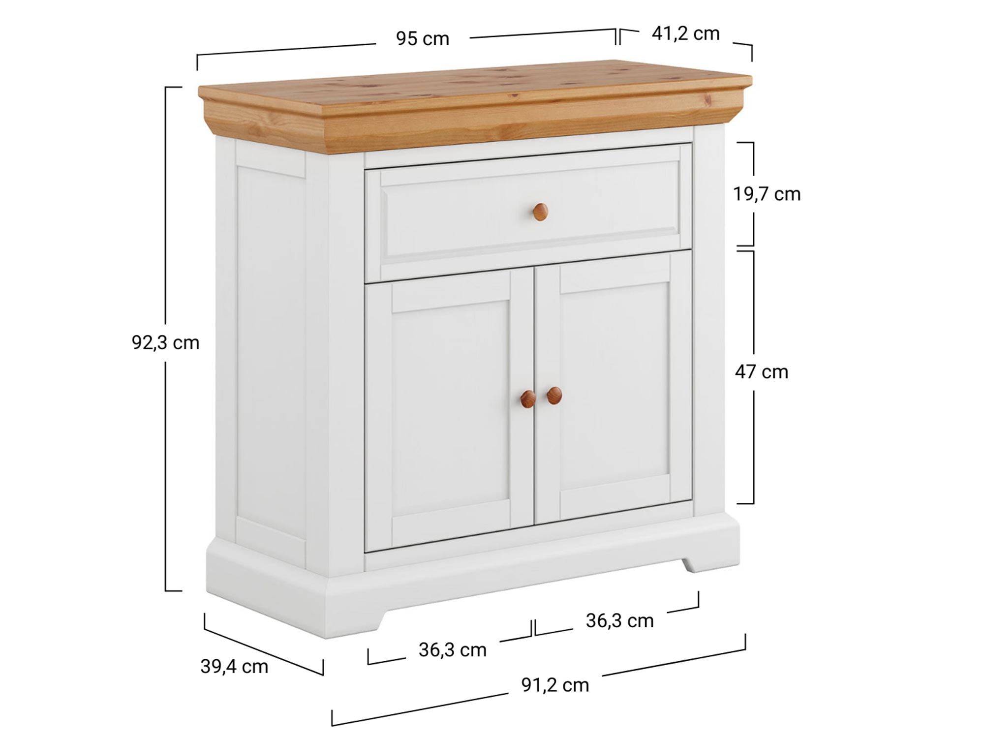 Praktyczna biała komoda z szufladami i drzwiczkami z wymiarami technicznymi