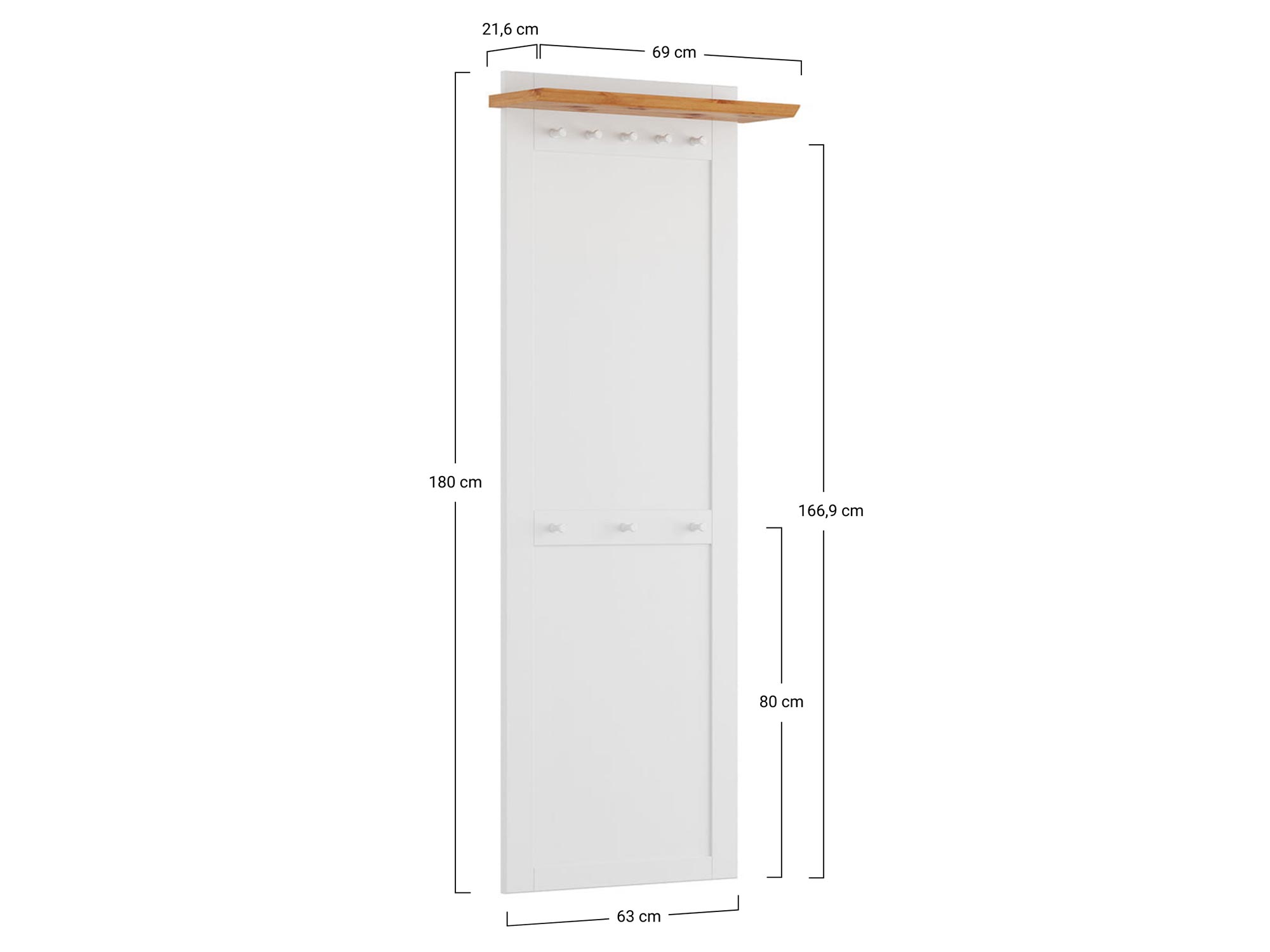 Wieszak ścienny z drewnianym blatem i haczykami