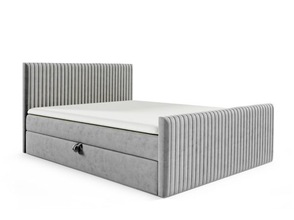 Graues Bett mit Bettkasten und moderner Front