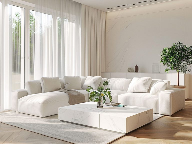 Nowoczesny salon w bieli z narożną sofą i prostokątnym stolikiem, przestronny nowoczesny salon.