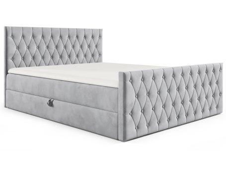 Łóżko tapicerowane w jasnoszarym kolorze z pikowanym zagłówkiem
