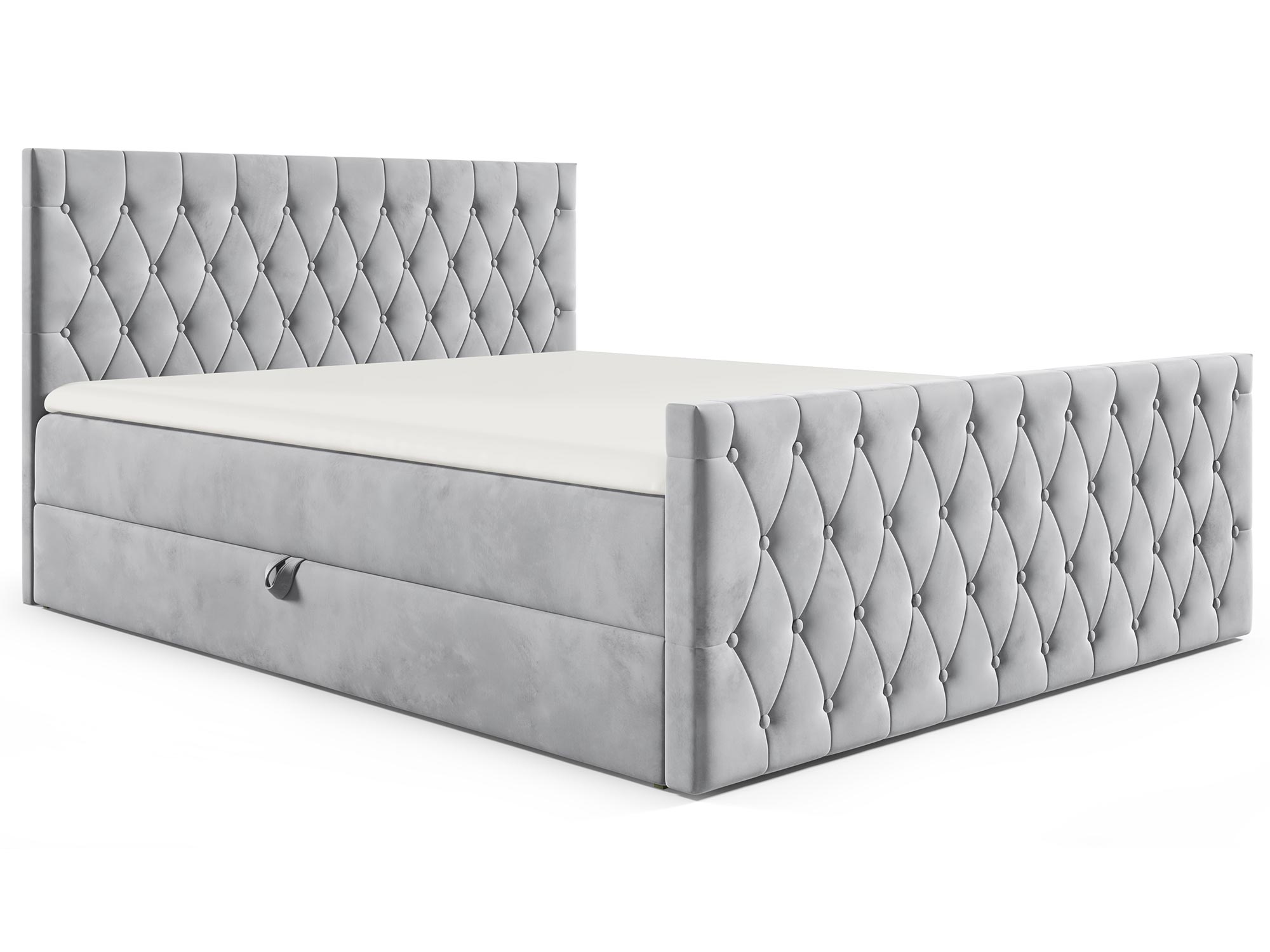 Łóżko tapicerowane w jasnoszarym kolorze z pikowanym zagłówkiem Łóżko tapicerowane w jasnoszarym kolorze z pikowanym zagłówkiem