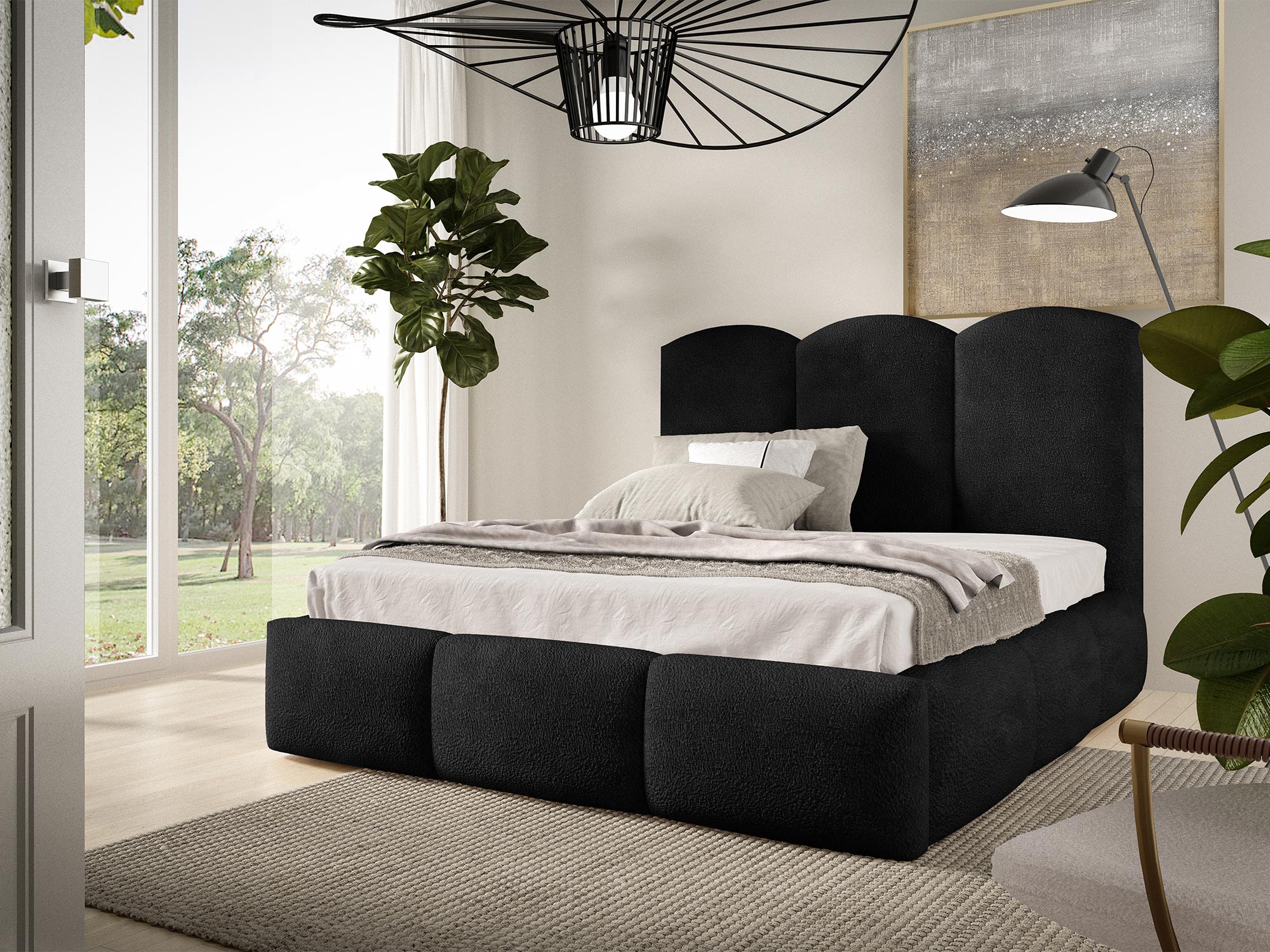 Czarne łóżko tapicerowane z wysokim, miękkim zagłówkiem, loftowy klimat sypialni. Czarne łóżko tapicerowane z wysokim, miękkim zagłówkiem, loftowy klimat sypialni.