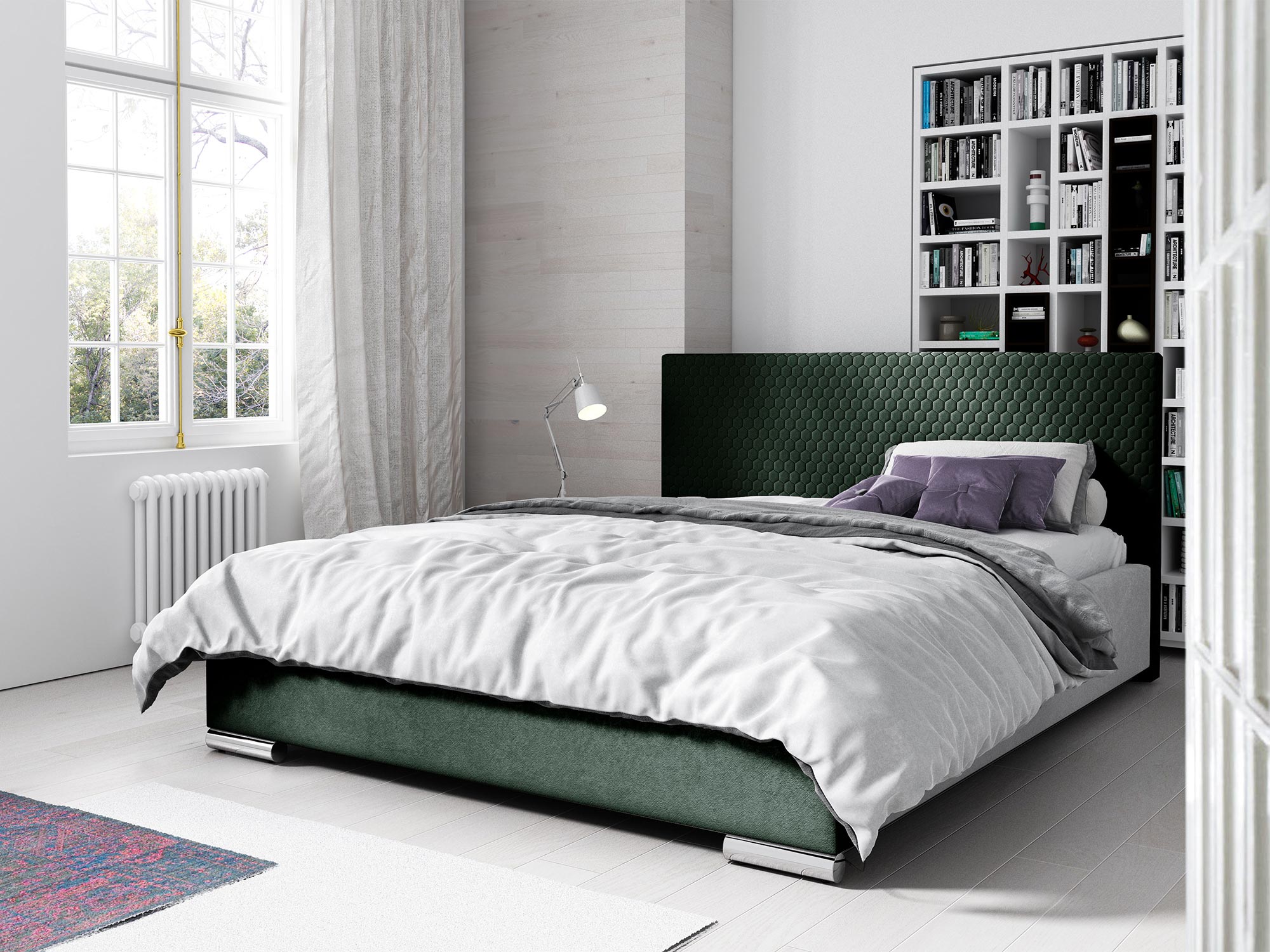 Zielone łóżko z wyraźnie tapicerowanym zagłówkiem, biała pościel Zielone łóżko z wyraźnie tapicerowanym zagłówkiem, biała pościel