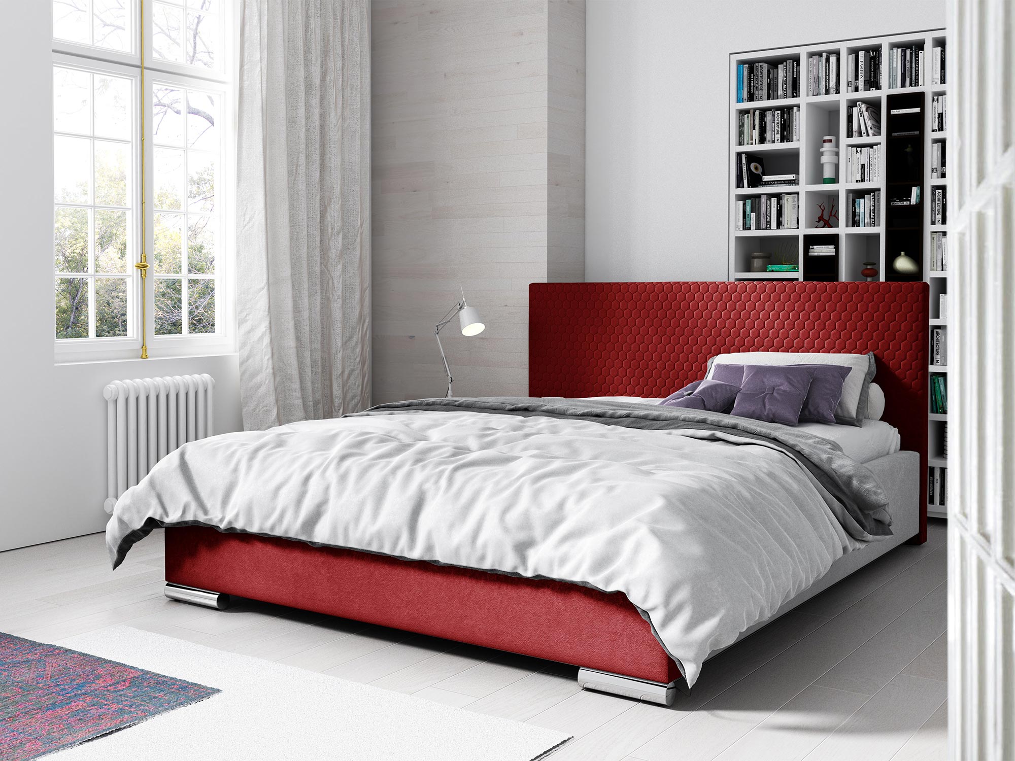 Intensywnie czerwone łóżko w nowoczesnym stylu. Intensywnie czerwone łóżko w nowoczesnym stylu.