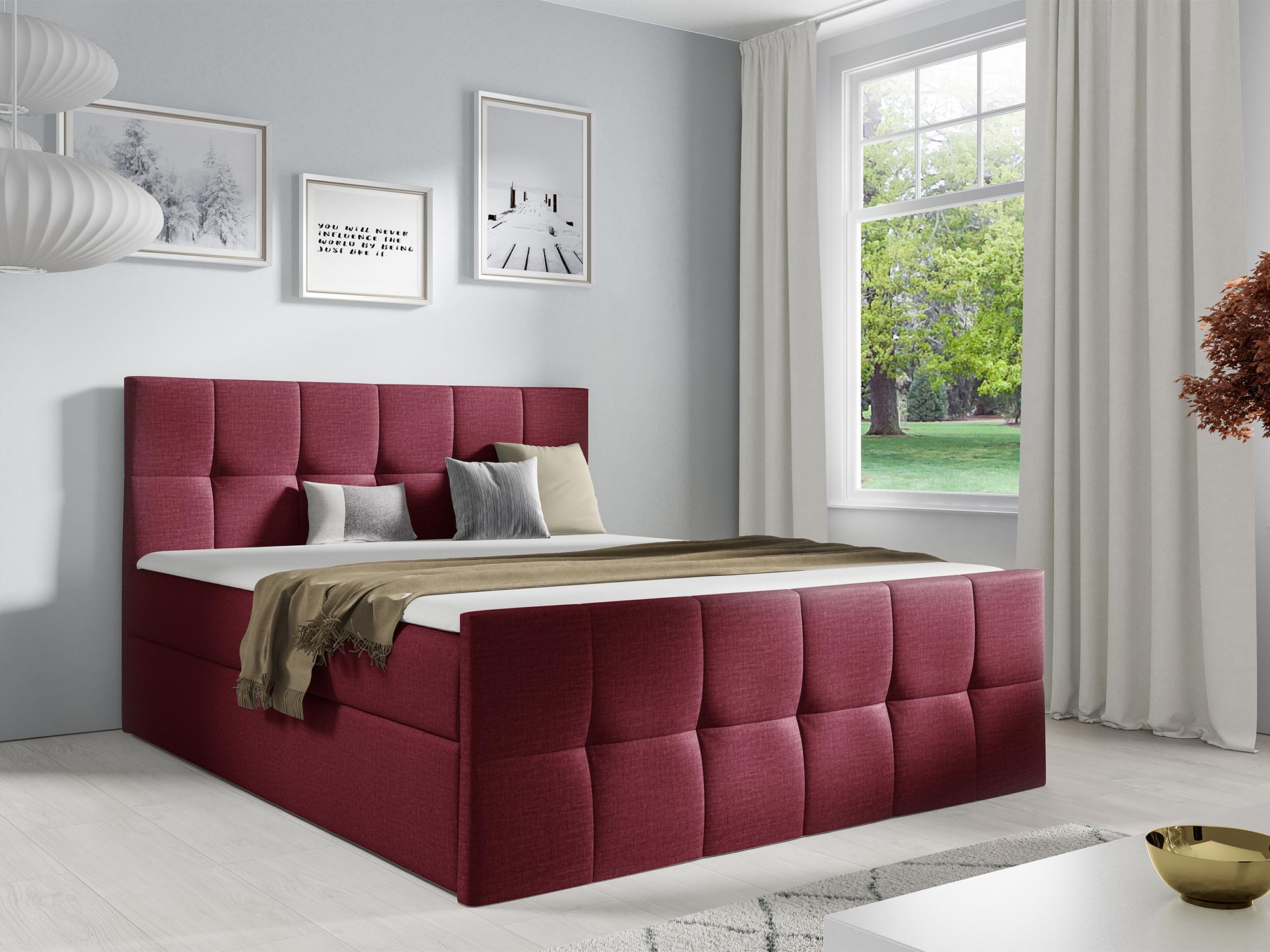 Łóżko tapicerowane w bordowym kolorze z pikowanym zagłówkiem Łóżko tapicerowane w bordowym kolorze z pikowanym zagłówkiem