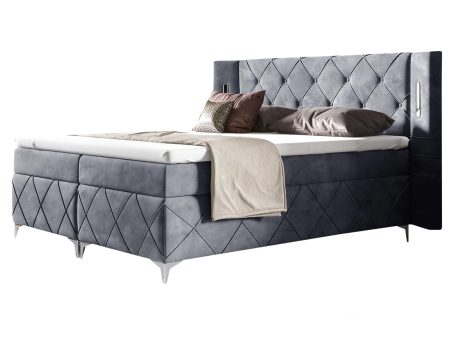 Łóżko tapicerowane w stylu glamour, niebieskie z przeszyciami