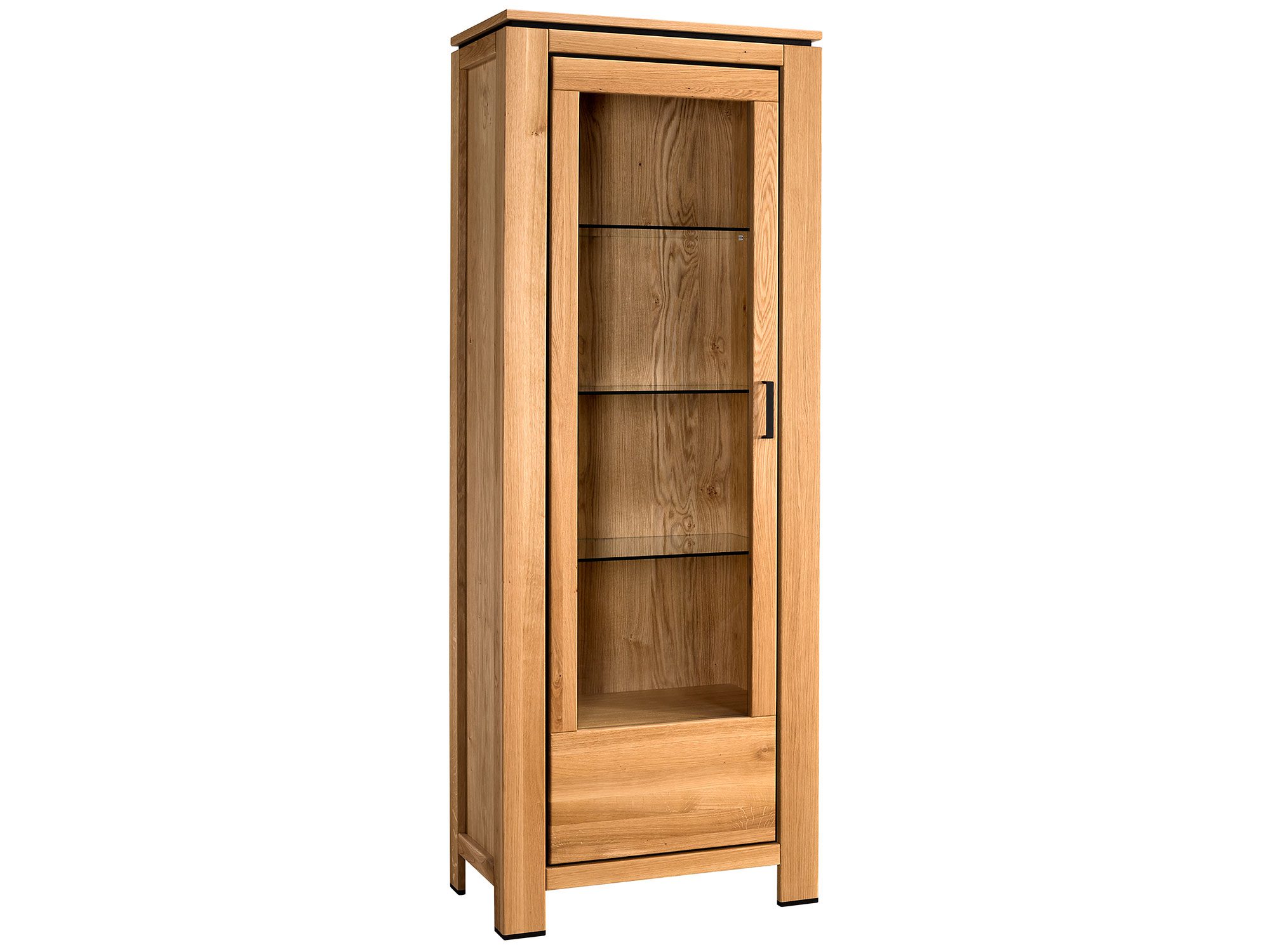 Wąska witryna z drewna dębowego z przeszkleniem i metalowym uchwytem