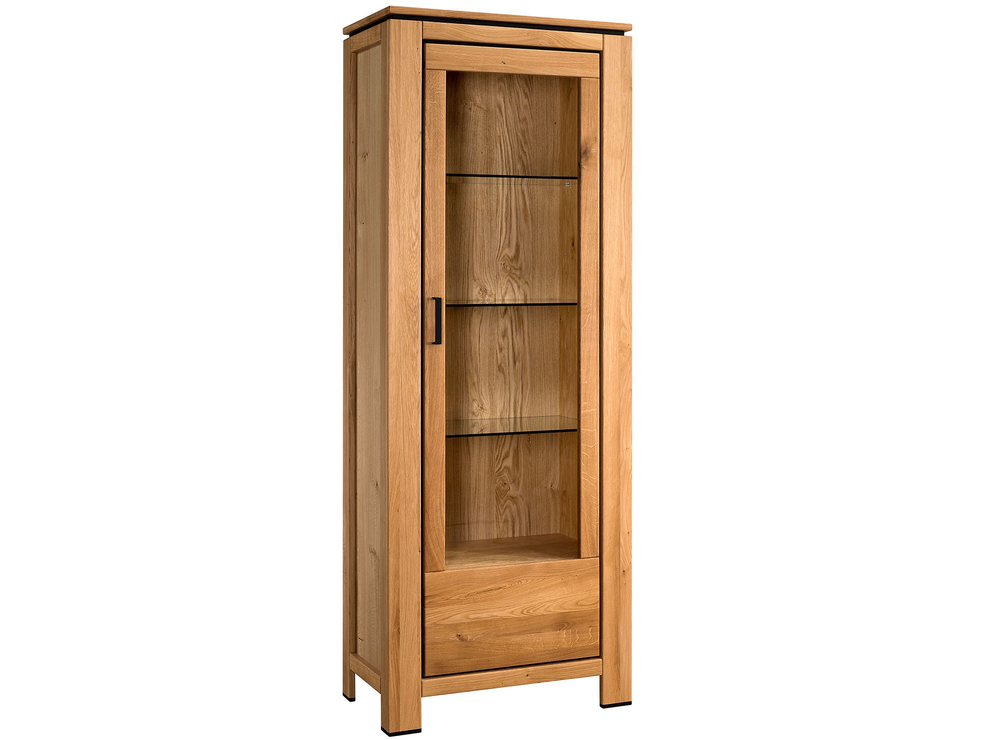 Drewniana witryna z półkami i przeszklonym frontem