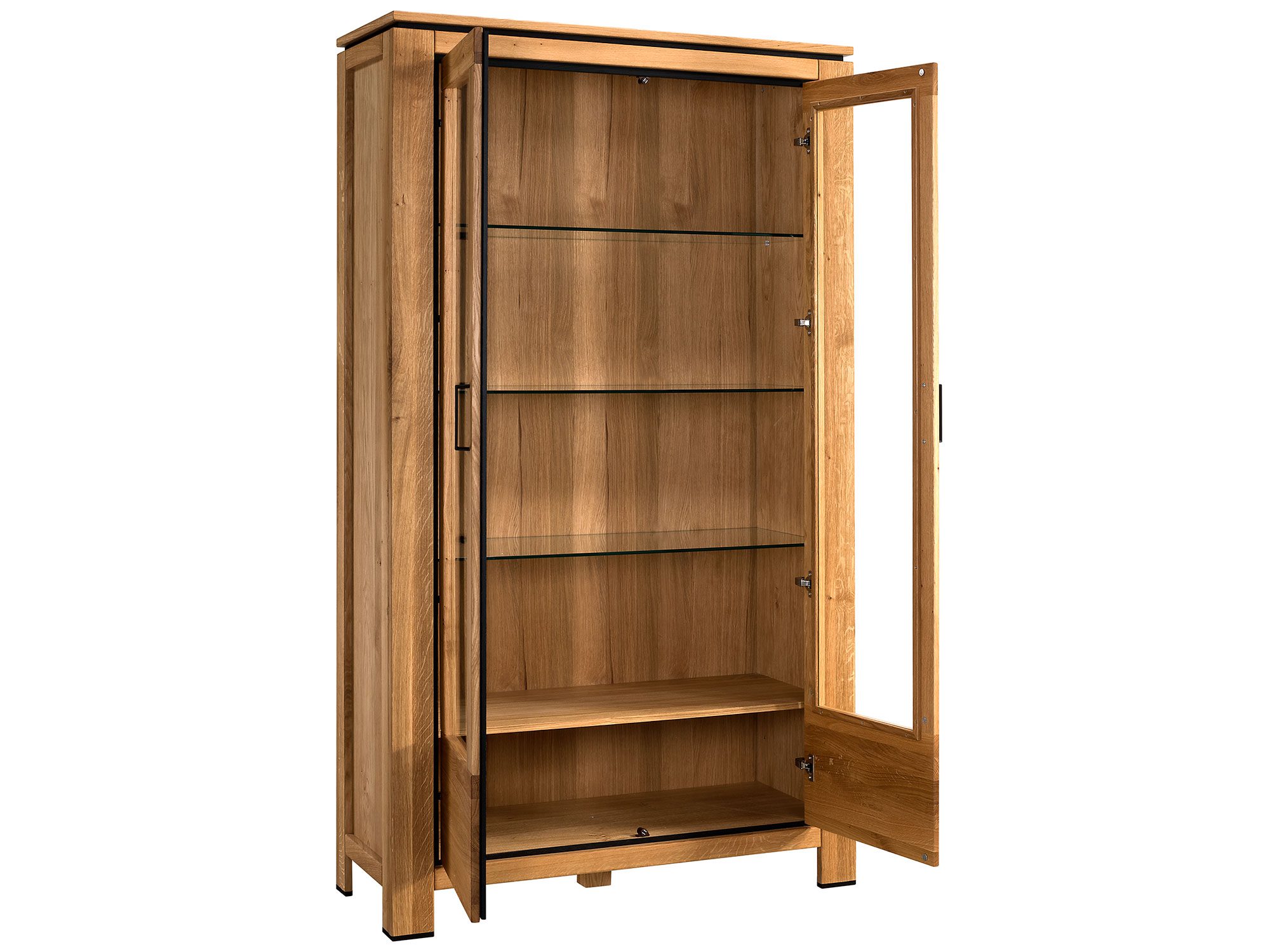 Witryna z litego drewna z przeszklonymi drzwiami i półkami