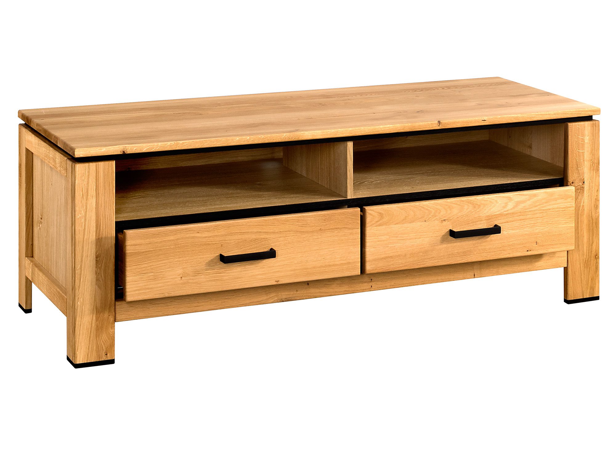 Drewniana szafka pod telewizor z dwiema szufladami i półką