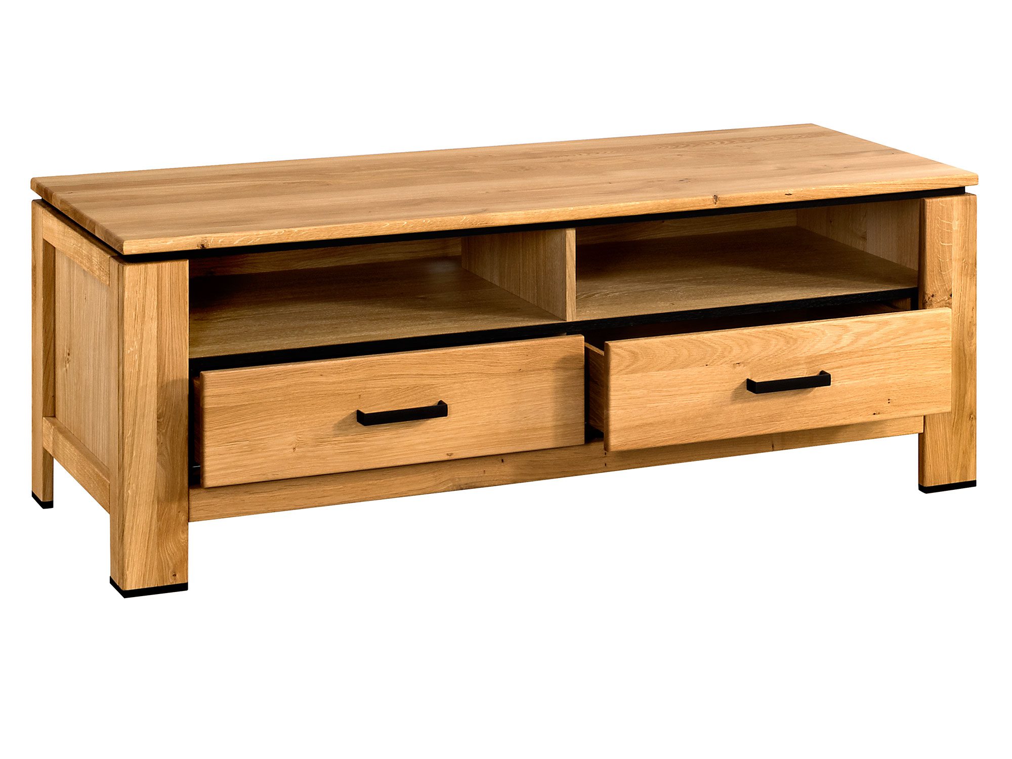 Komoda RTV z szufladami i wnękami, wykonana z litego dębu