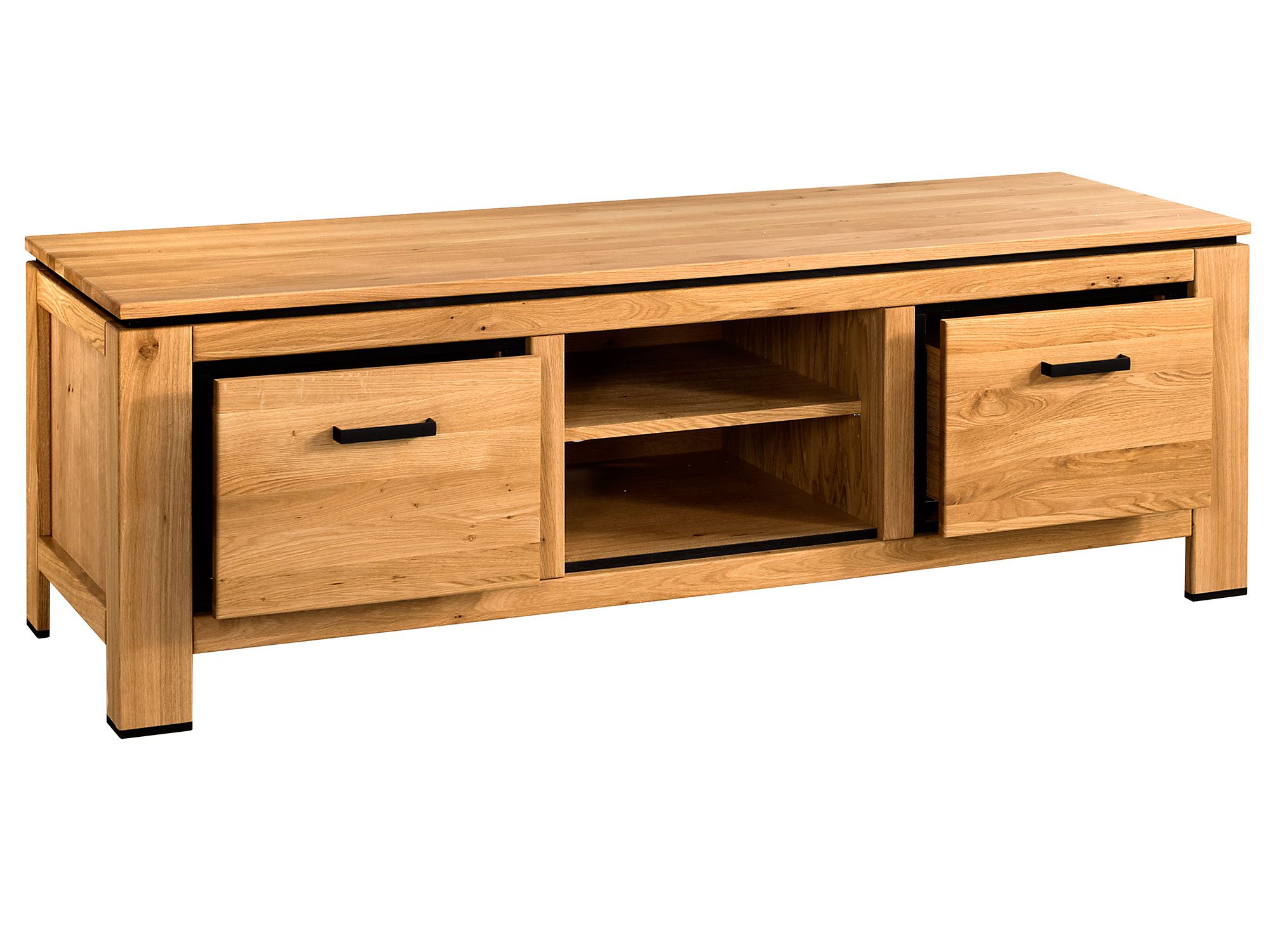 Nowoczesna szafka RTV z trzema sekcjami i drewnianym wykończeniem