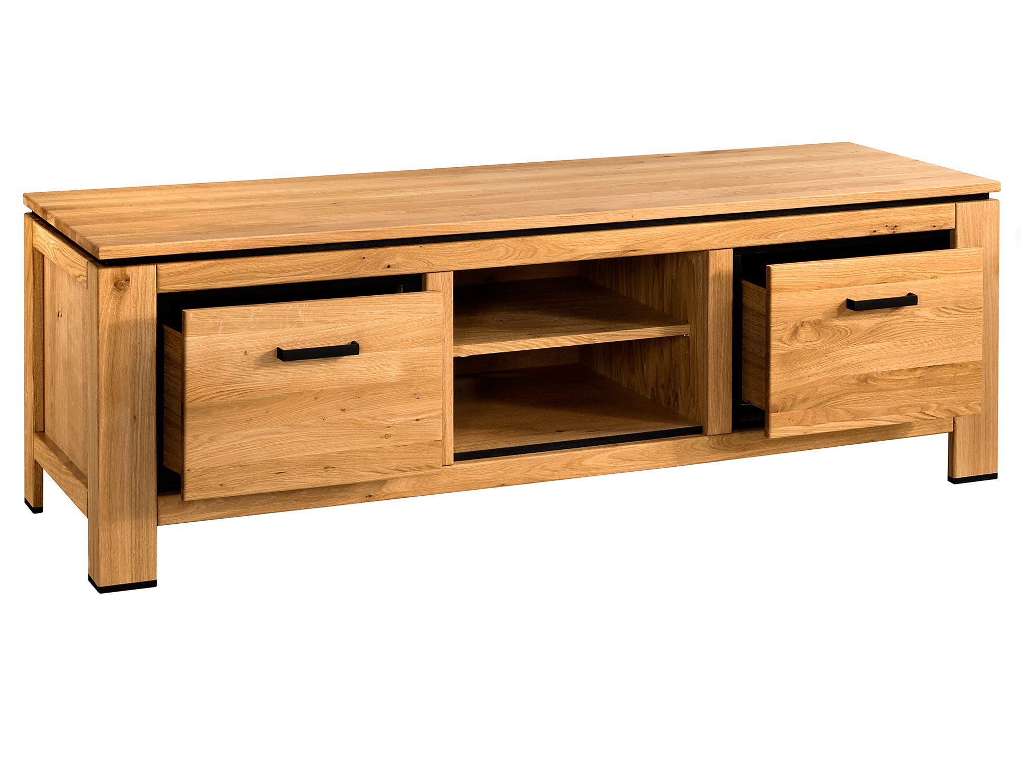 Szafka RTV z litego drewna dębowego z otwartą półką i szufladą