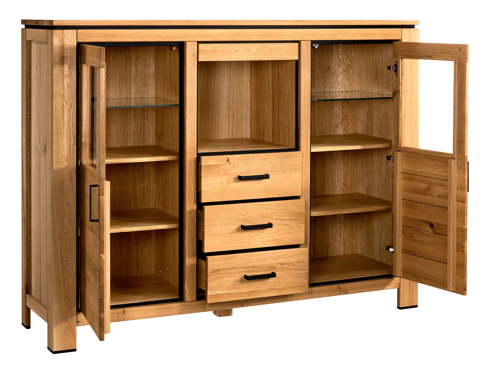 Drewniana komoda w stylu nowoczesnym z czarnymi detalami